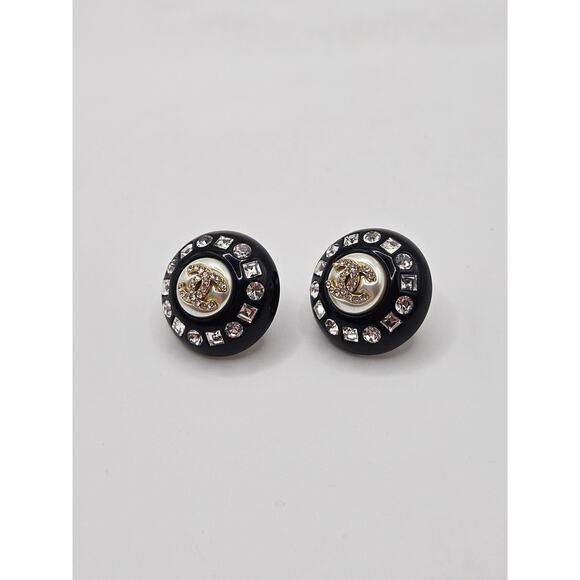 Chanel Black Resin Faux Pearl Crystal CC Stud Earrings - Picture 3 of 14